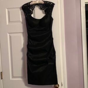 X scape open back lace satin dress